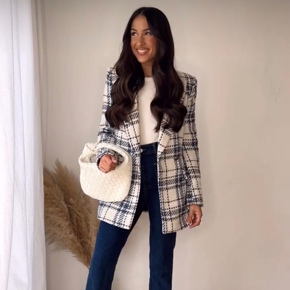 Zara Ecru & Blue Double Breasted Textured Weave Blazer Jacket - Picture 7 of 16